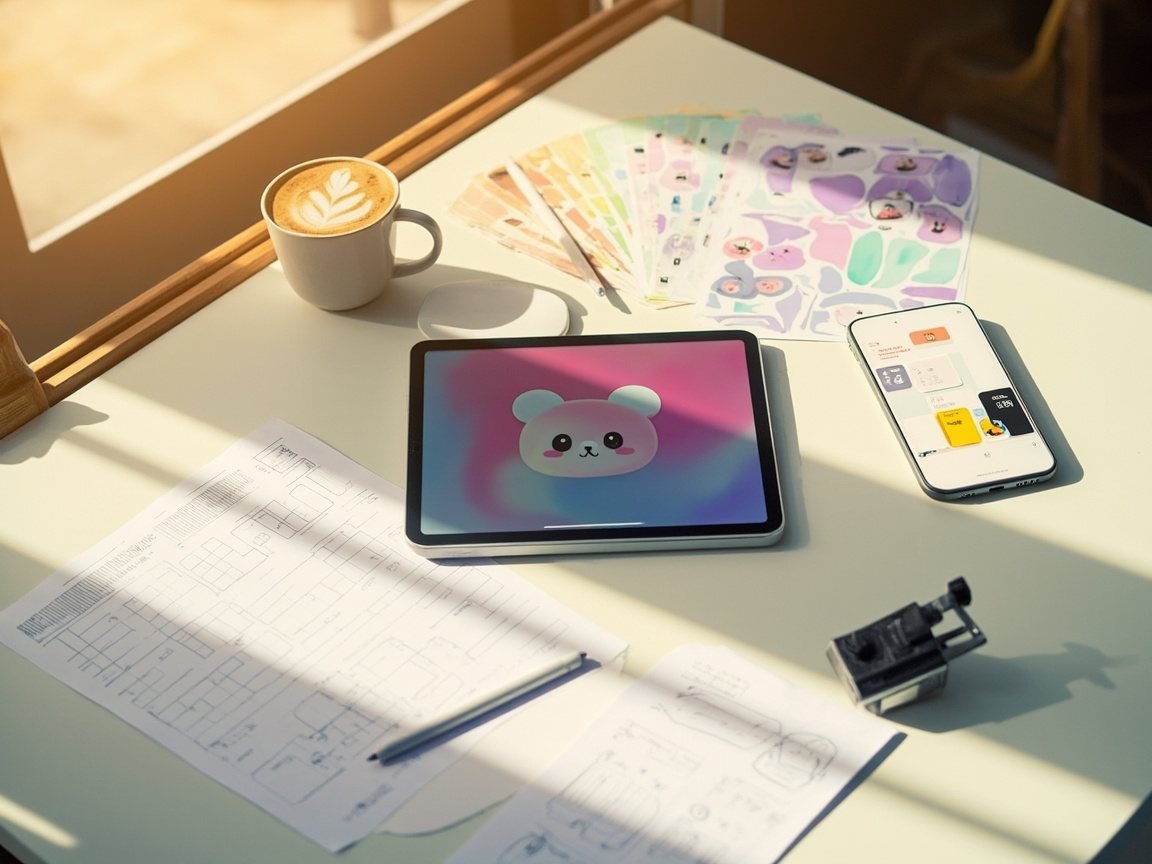 A designer's desk with character sketches